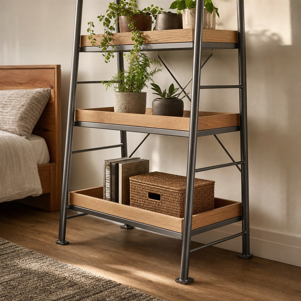 Tall Plant Shelf With Oak Trays and a Steel Ladder Frame - steel-frame detail