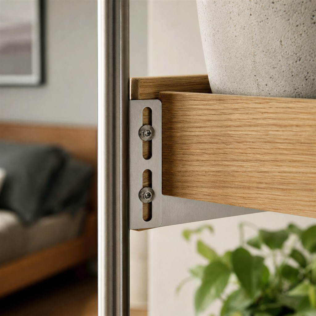 Tall Plant Shelf With Oak Trays and a Steel Ladder Frame - wood-to-steel interface detail
