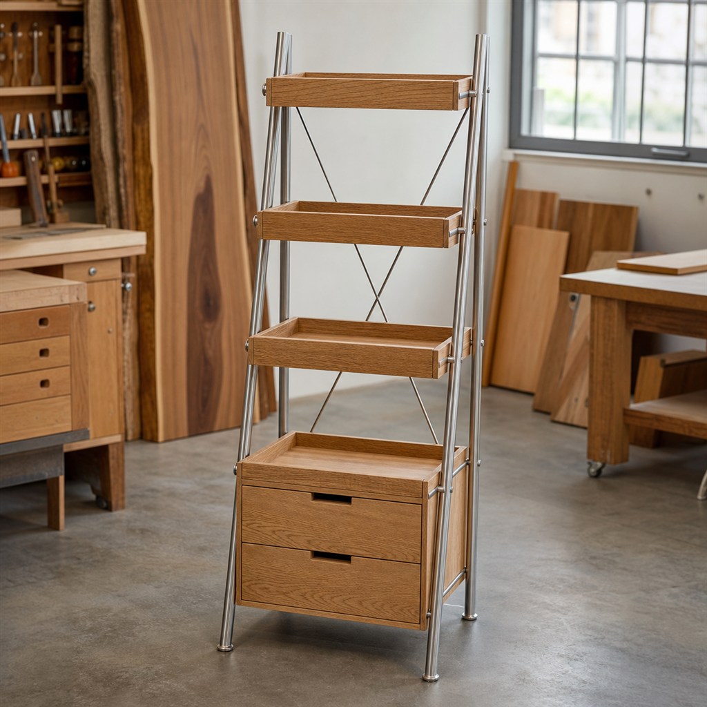 Tall Plant Shelf With Oak Trays and a Steel Ladder Frame - workshop dry-assembly view