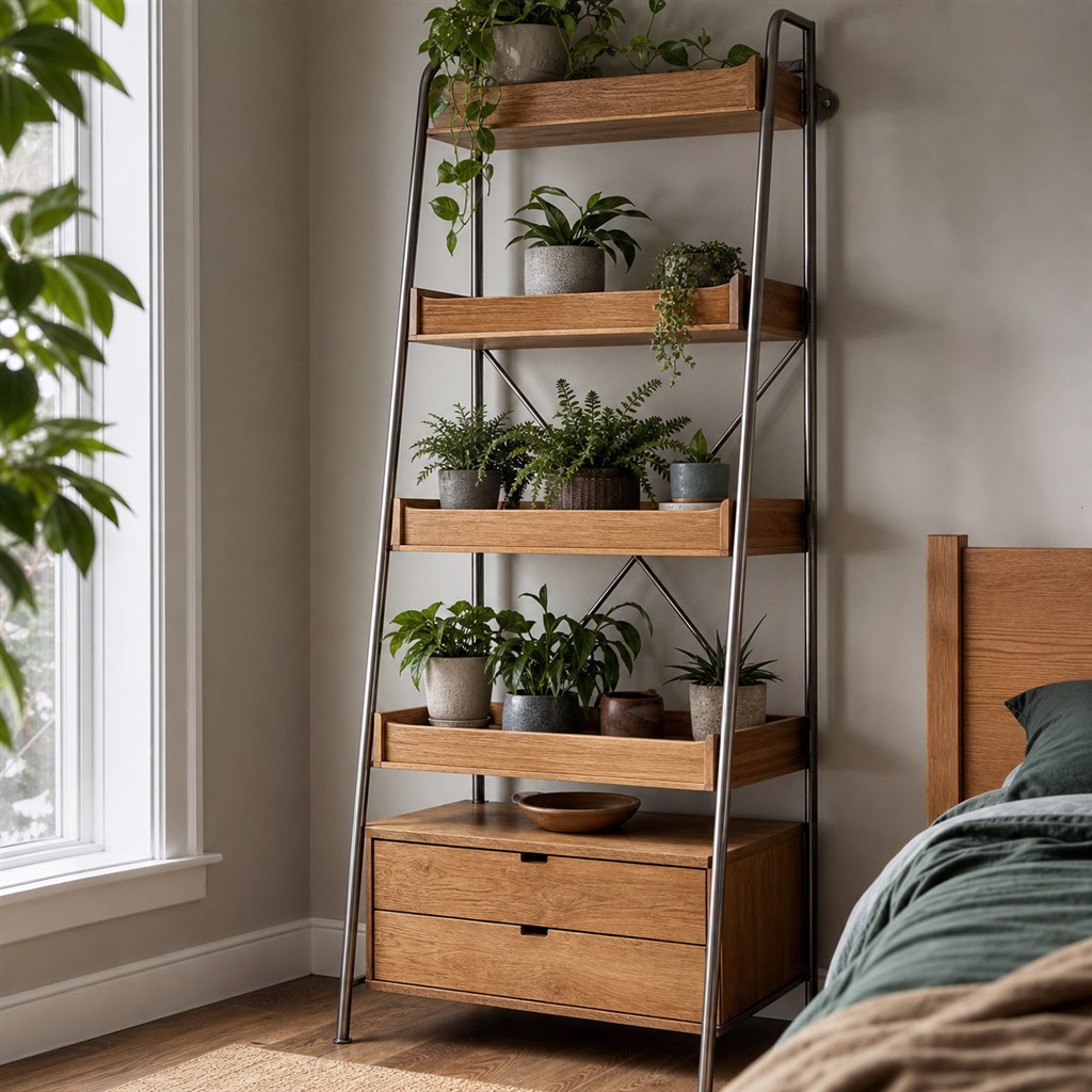 Tall Plant Shelf With Oak Trays and a Steel Ladder Frame - finished material detail