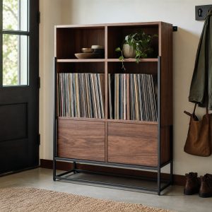 Record Storage Cube With Walnut Panels and a Steel Cradle