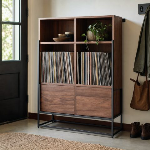 Record Storage Cube With Walnut Panels and a Steel Cradle