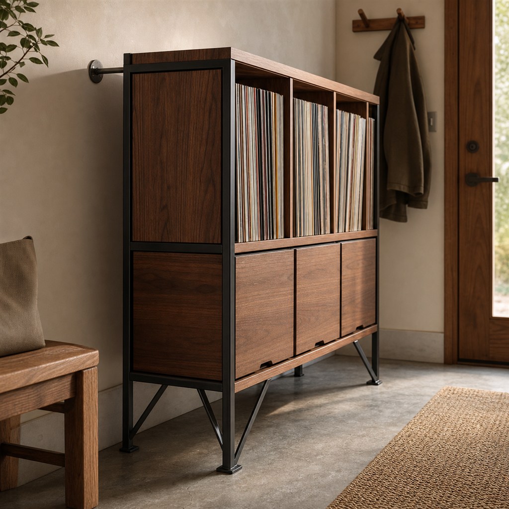 Record Storage Cube With Walnut Panels and a Steel Cradle - alternate full view