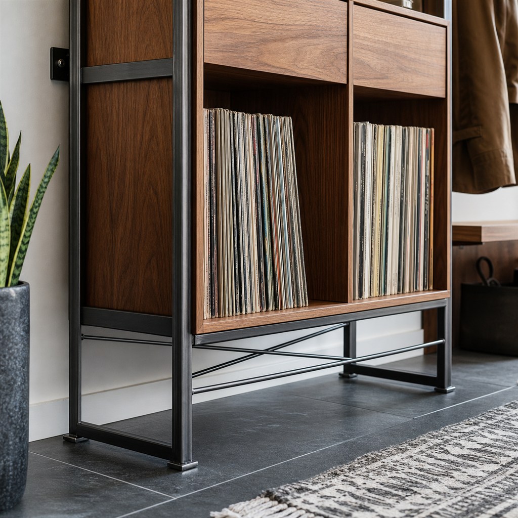 Record Storage Cube With Walnut Panels and a Steel Cradle - steel-frame detail