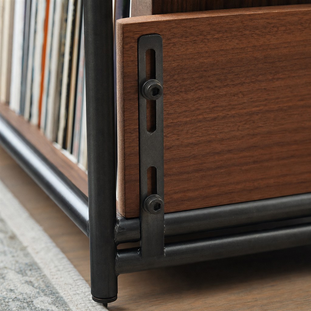 Record Storage Cube With Walnut Panels and a Steel Cradle - wood-to-steel interface detail
