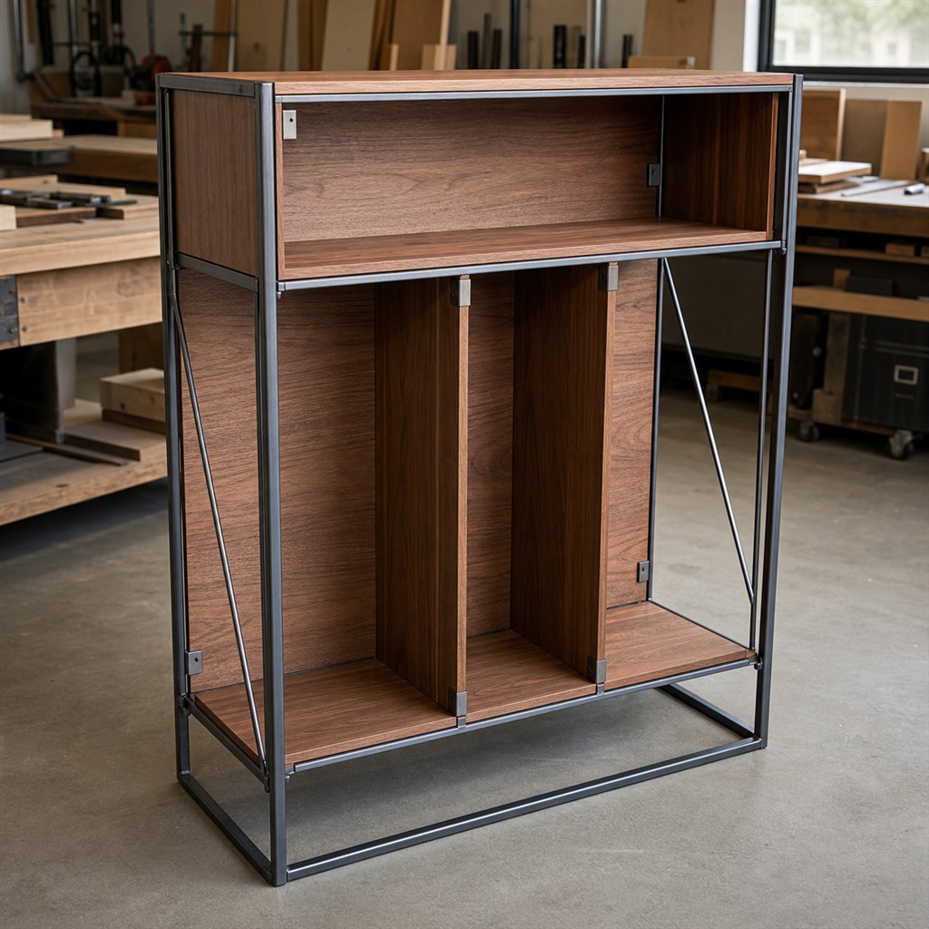 Record Storage Cube With Walnut Panels and a Steel Cradle - workshop dry-assembly view