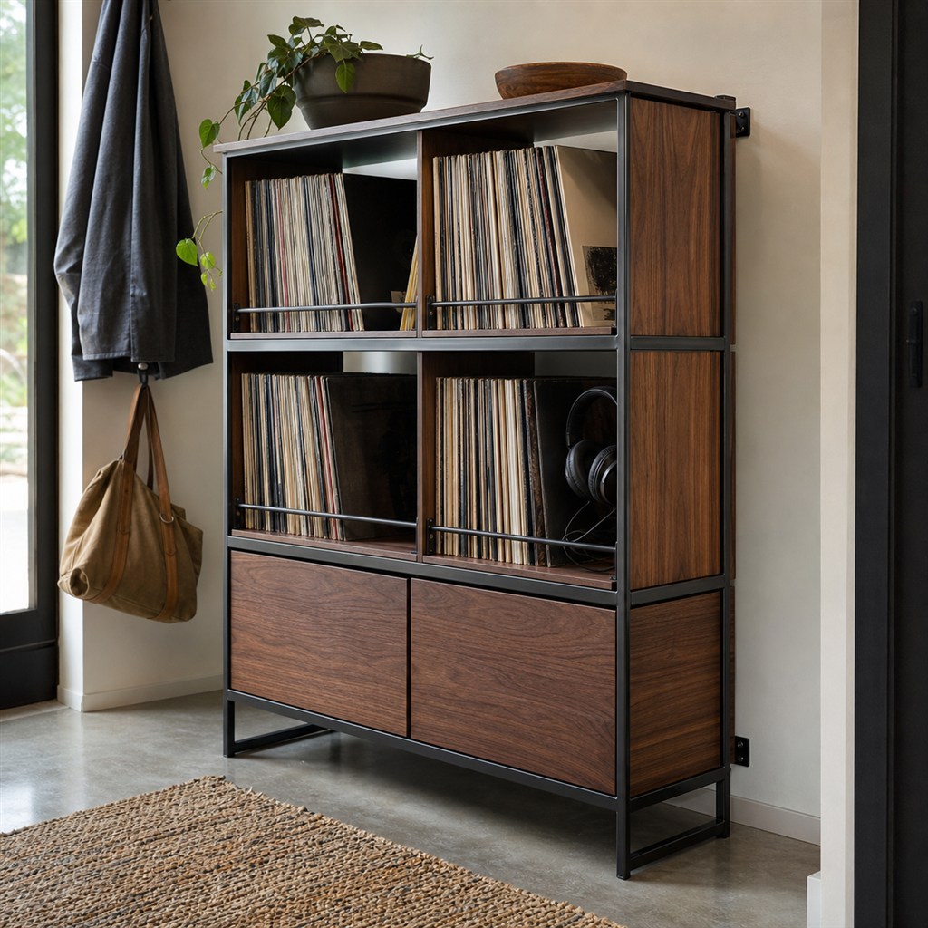 Record Storage Cube With Walnut Panels and a Steel Cradle - finished material detail