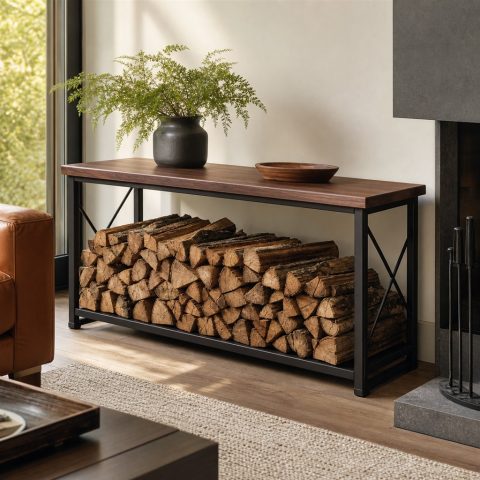 Firewood Rack With a Wood Top and Black Steel Frame