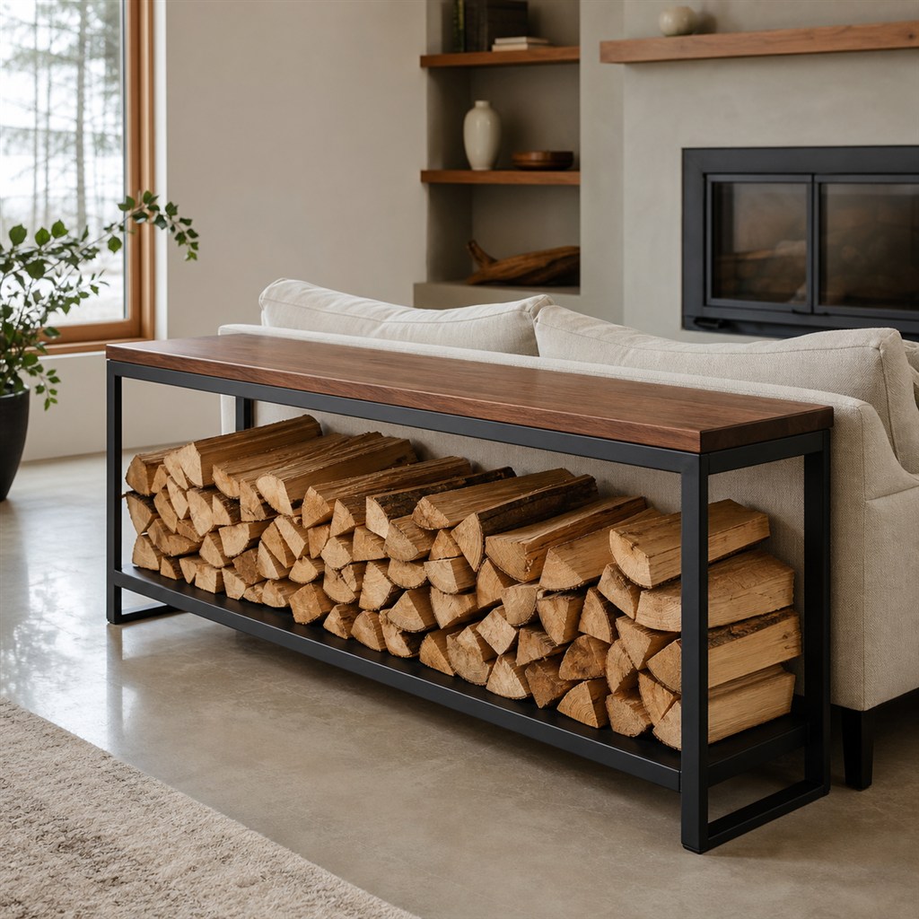 Firewood Rack With a Wood Top and Black Steel Frame - alternate full view