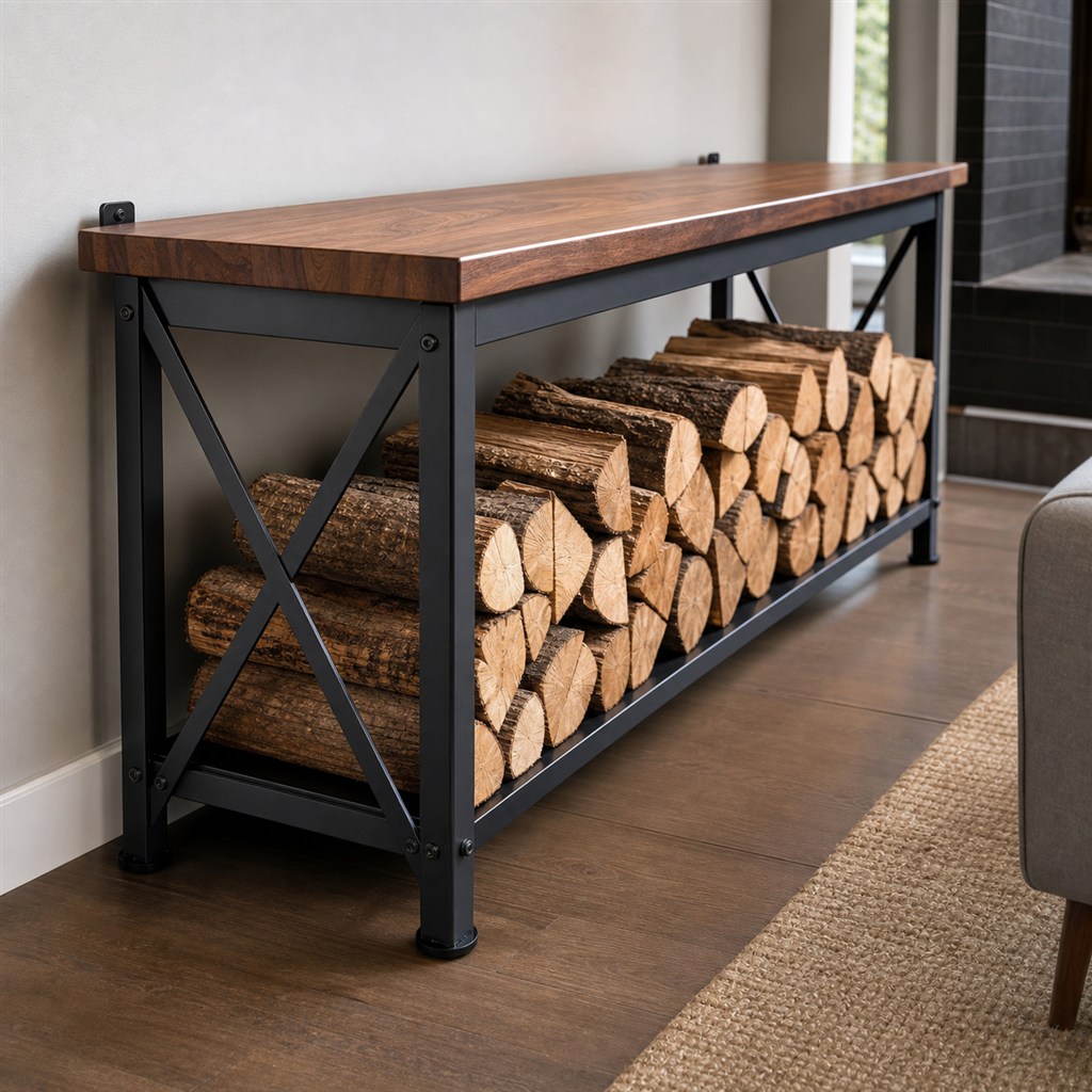 Firewood Rack With a Wood Top and Black Steel Frame - steel-frame detail