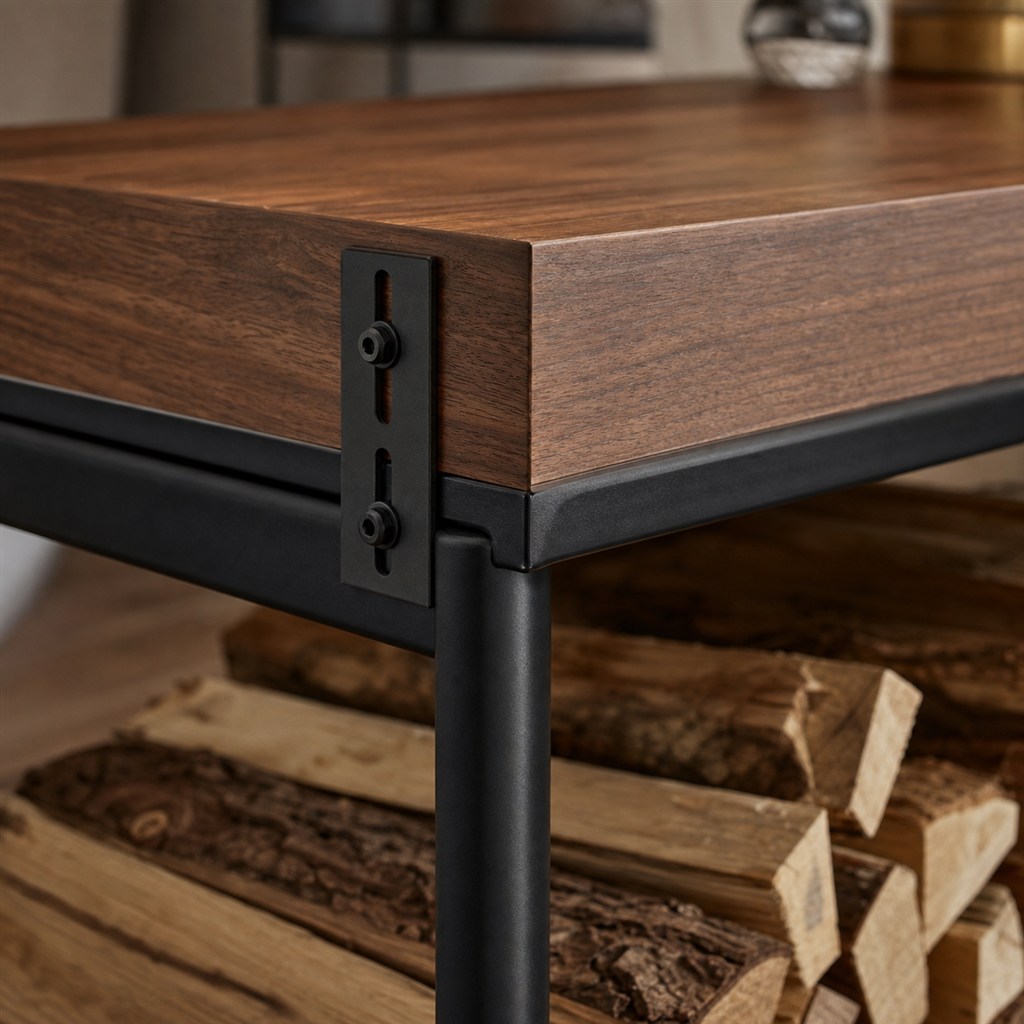 Firewood Rack With a Wood Top and Black Steel Frame - wood-to-steel interface detail