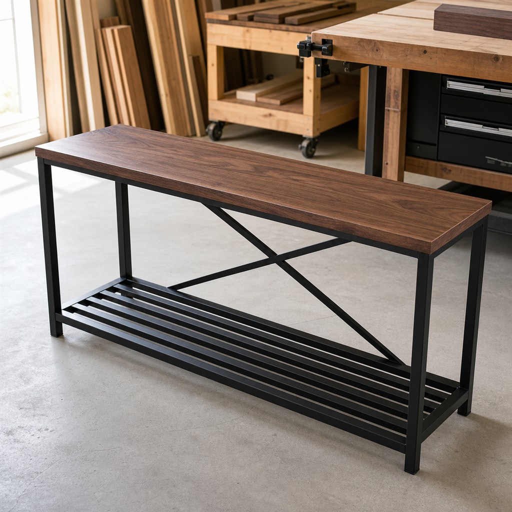 Firewood Rack With a Wood Top and Black Steel Frame - workshop dry-assembly view