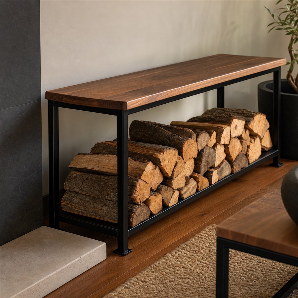 Firewood Rack With a Wood Top and Black Steel Frame - finished material detail