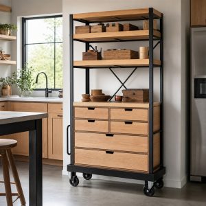 Workshop Storage Cabinet With Plywood Drawers and a Steel Cart