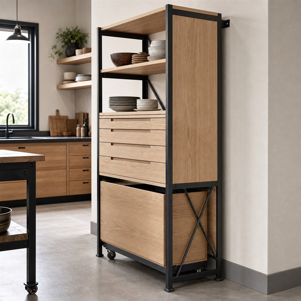 Workshop Storage Cabinet With Plywood Drawers and a Steel Cart - alternate full view