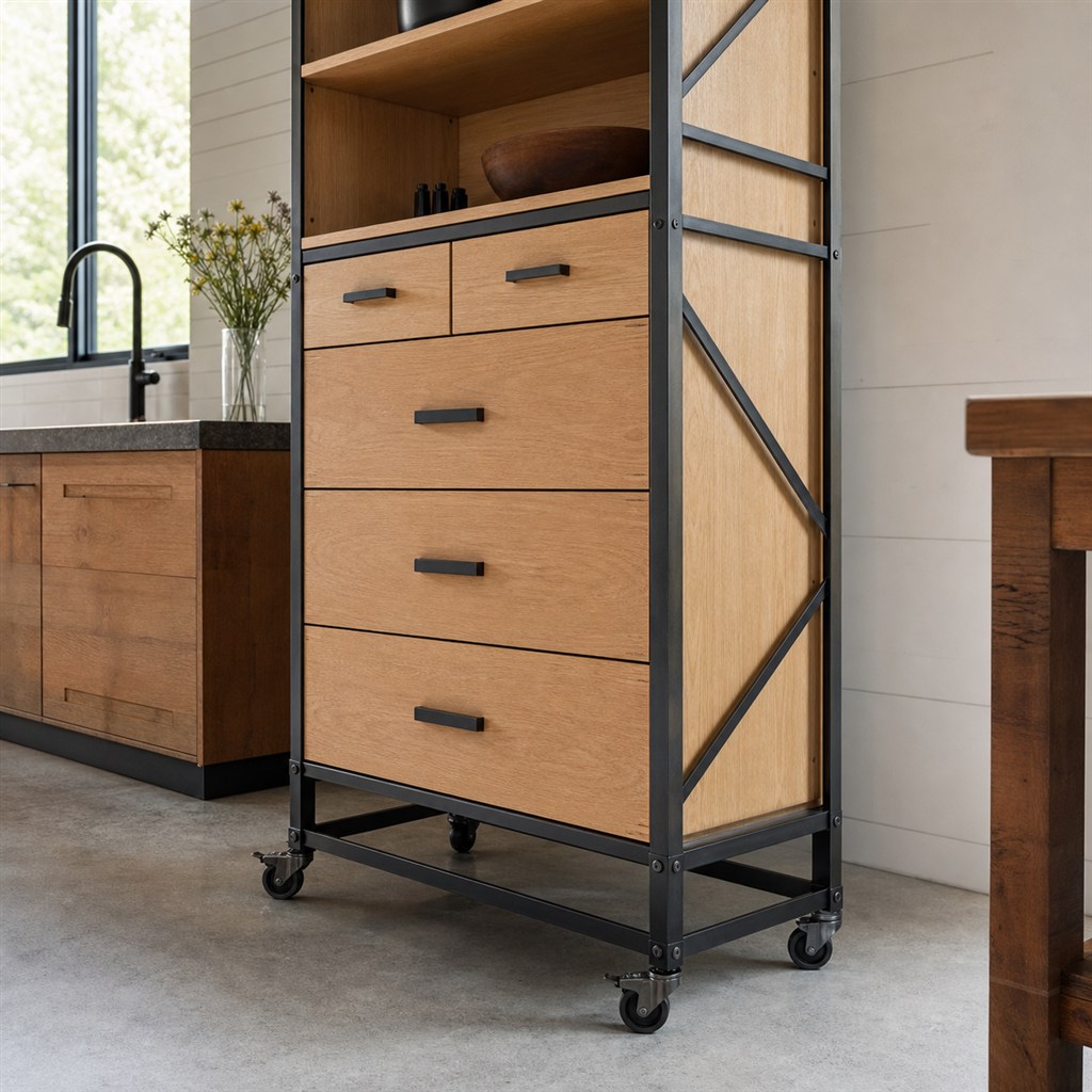 Workshop Storage Cabinet With Plywood Drawers and a Steel Cart - steel-frame detail