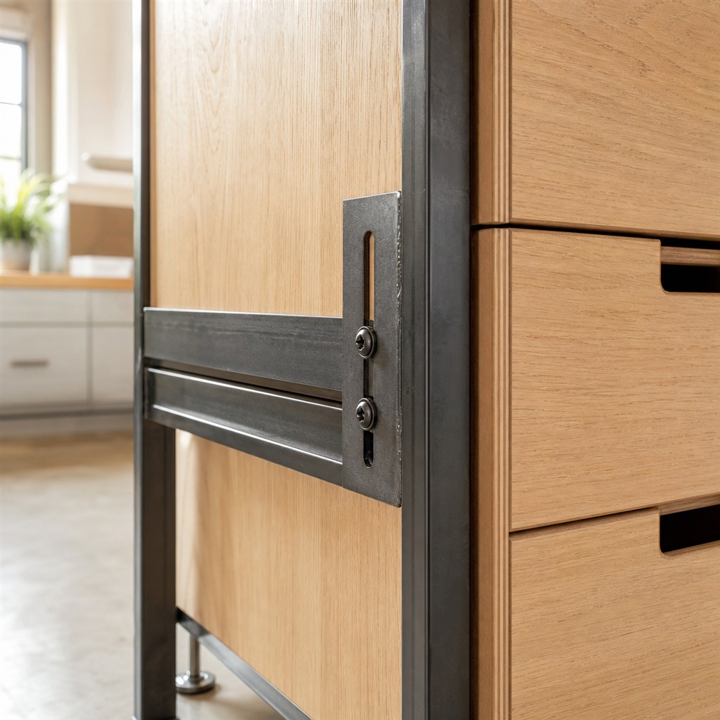 Workshop Storage Cabinet With Plywood Drawers and a Steel Cart - wood-to-steel interface detail
