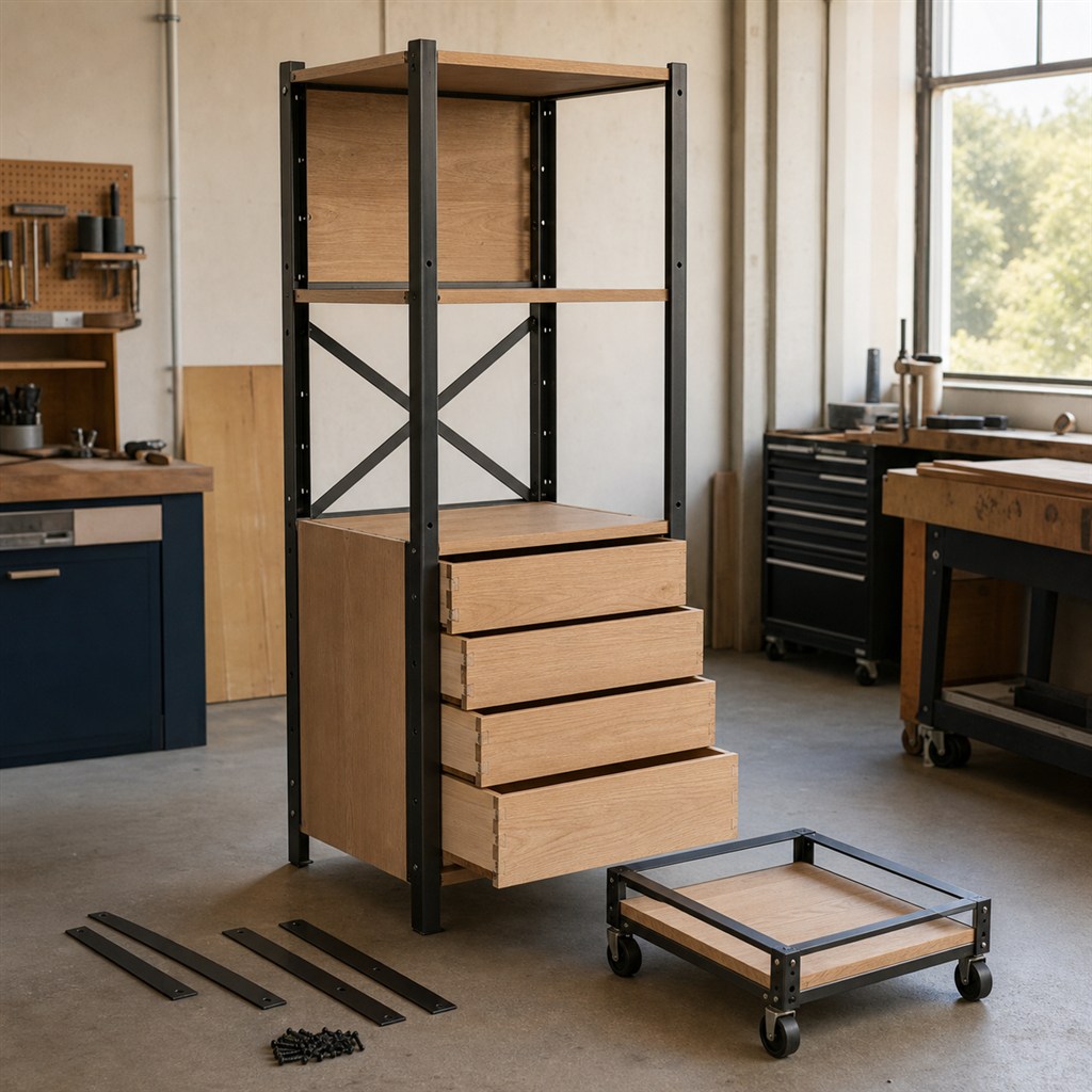 Workshop Storage Cabinet With Plywood Drawers and a Steel Cart - workshop dry-assembly view