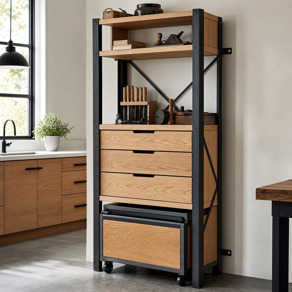 Workshop Storage Cabinet With Plywood Drawers and a Steel Cart - finished material detail
