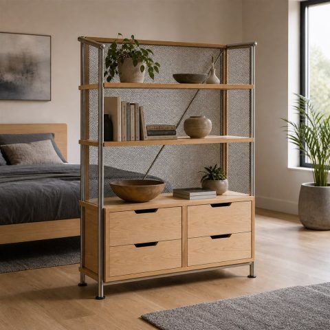 Room Divider With Wood Shelves and Steel Mesh Panels