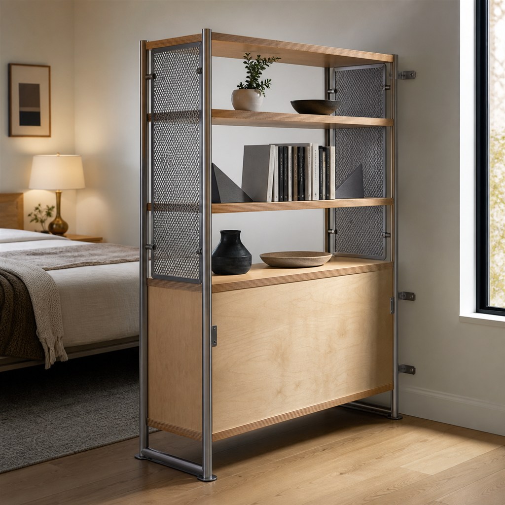 Room Divider With Wood Shelves and Steel Mesh Panels - alternate full view