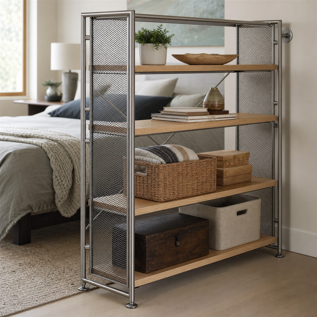 Room Divider With Wood Shelves and Steel Mesh Panels - steel-frame detail