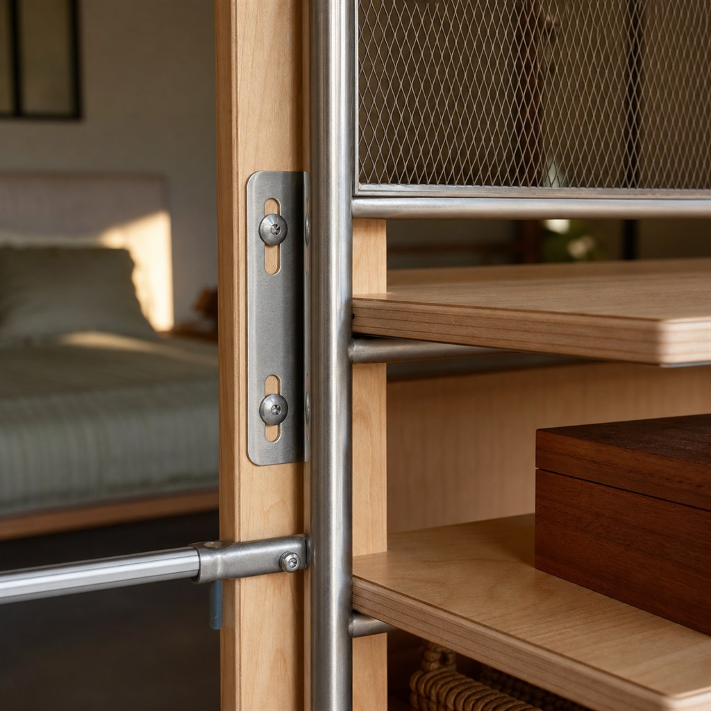 Room Divider With Wood Shelves and Steel Mesh Panels - wood-to-steel interface detail