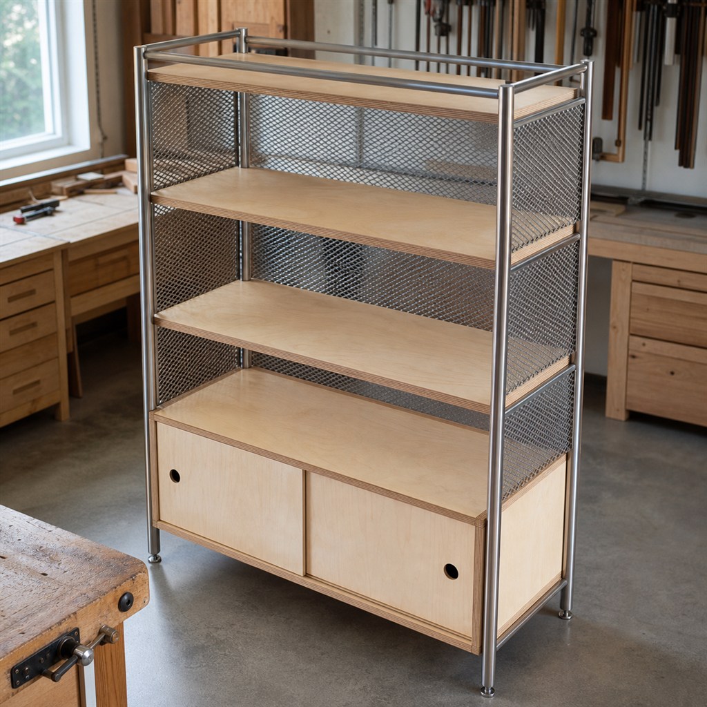 Room Divider With Wood Shelves and Steel Mesh Panels - workshop dry-assembly view