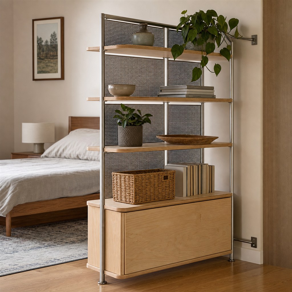 Room Divider With Wood Shelves and Steel Mesh Panels - finished material detail