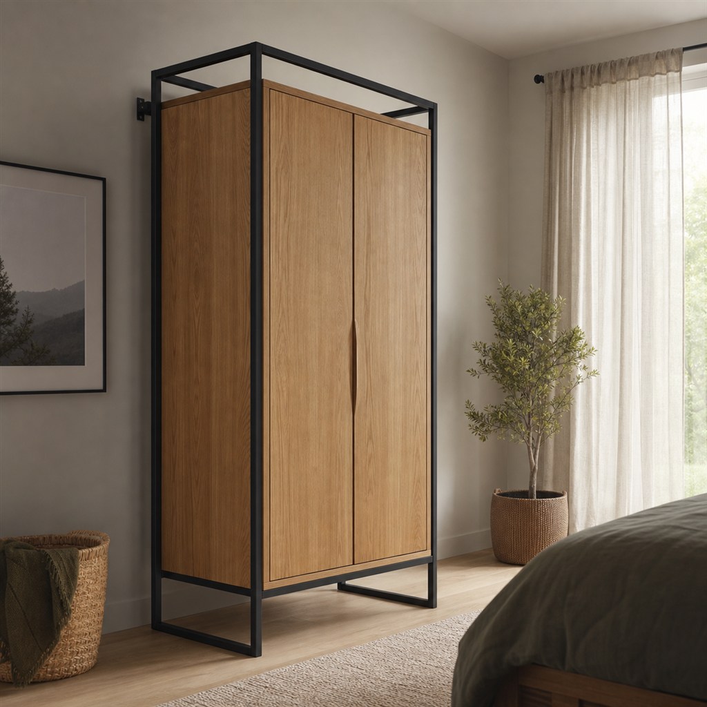 Wardrobe With Oak Doors and an Exposed Steel Frame - alternate full view