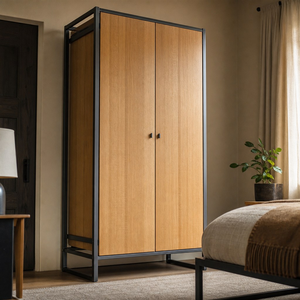 Wardrobe With Oak Doors and an Exposed Steel Frame - steel-frame detail