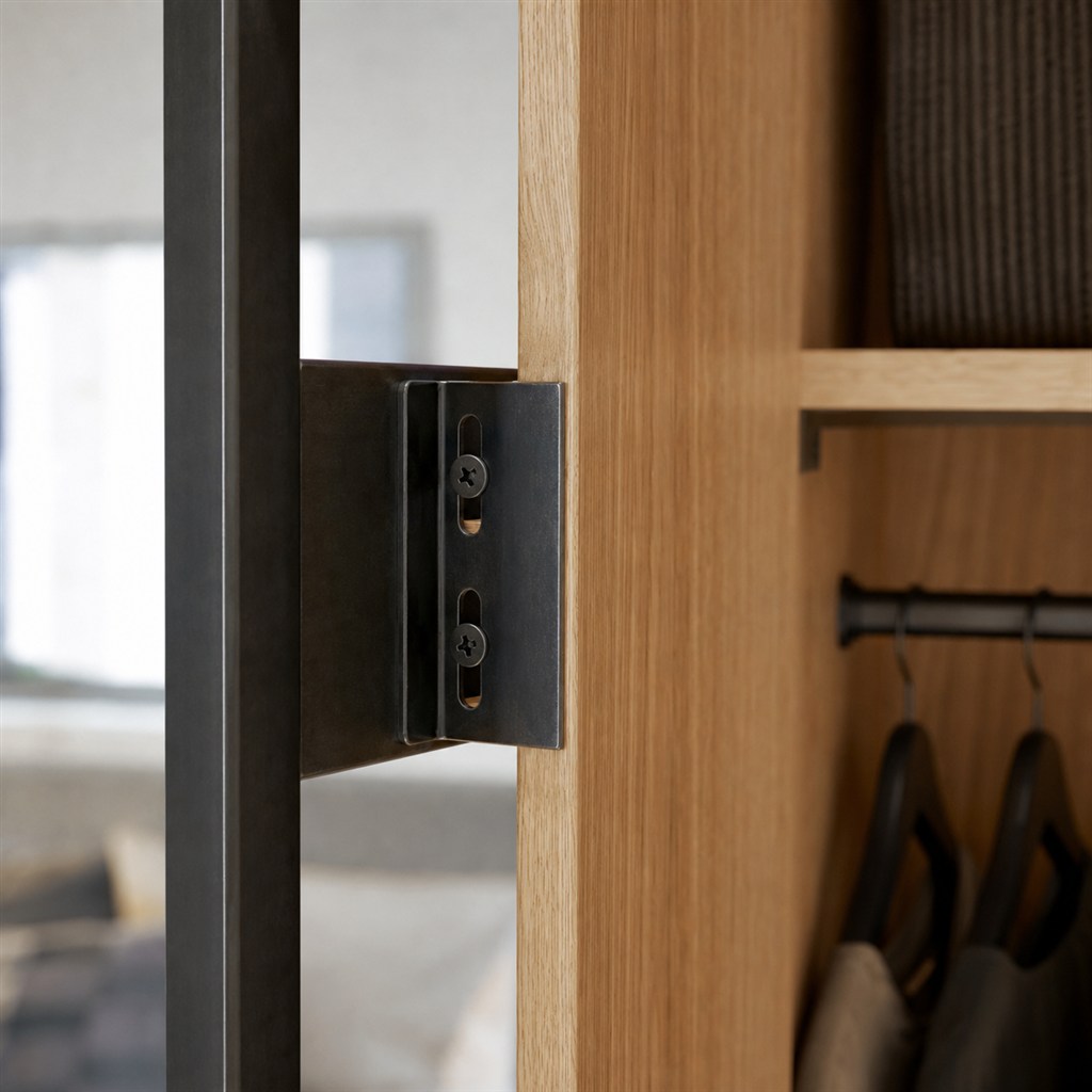 Wardrobe With Oak Doors and an Exposed Steel Frame - wood-to-steel interface detail
