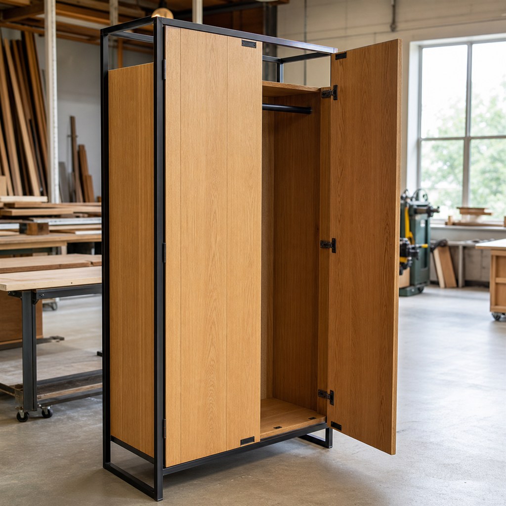 Wardrobe With Oak Doors and an Exposed Steel Frame - workshop dry-assembly view