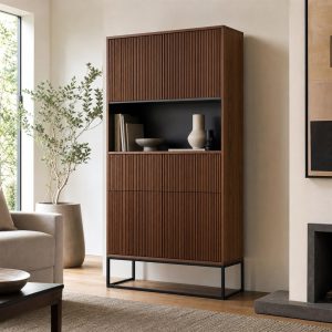 Sideboard With Fluted Wood Fronts and a Steel Sled Base