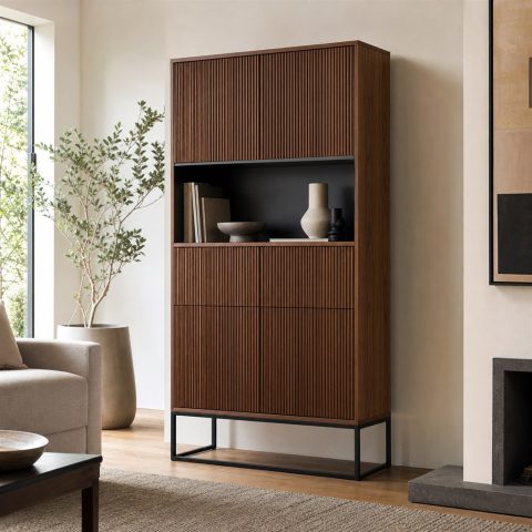 Sideboard With Fluted Wood Fronts and a Steel Sled Base