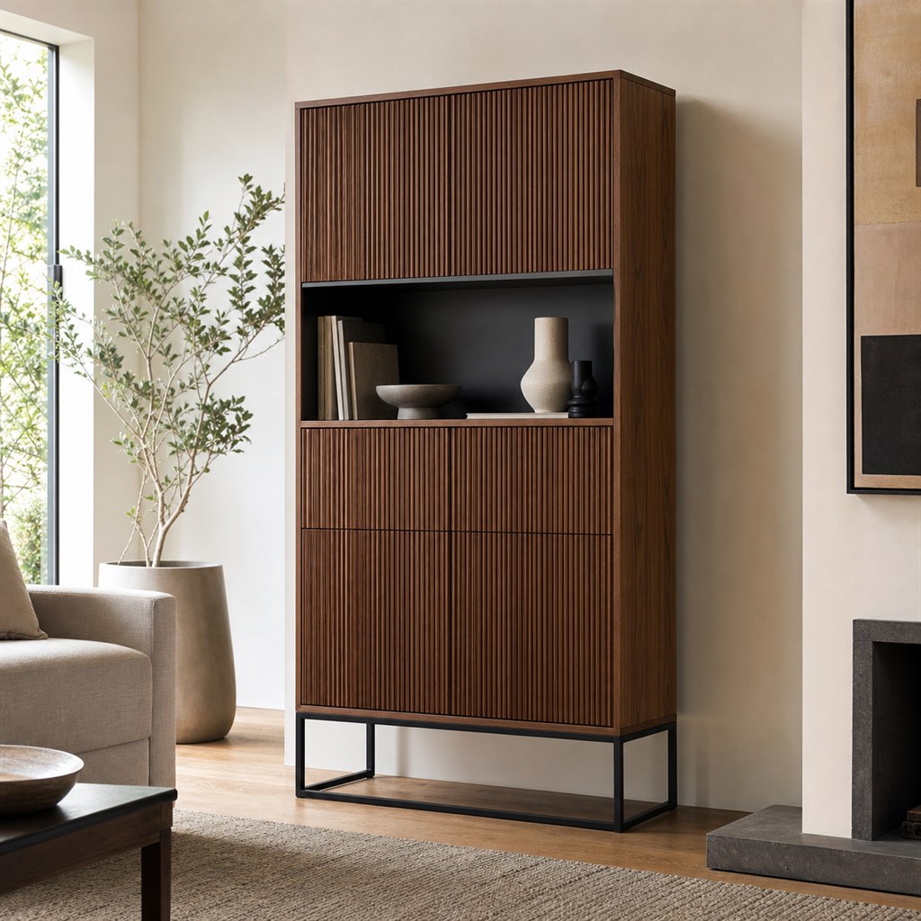 Sideboard With Fluted Wood Fronts and a Steel Sled Base