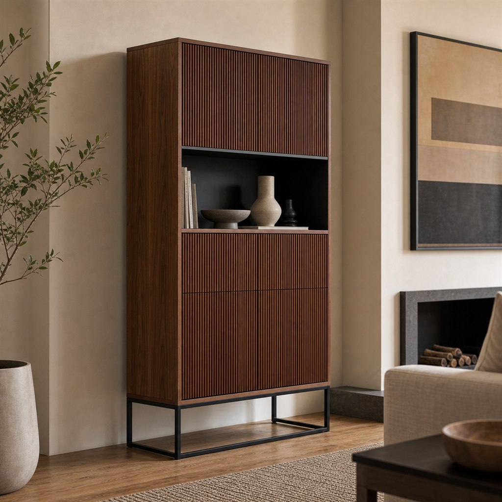 Sideboard With Fluted Wood Fronts and a Steel Sled Base - alternate full view