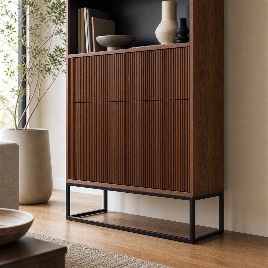 Sideboard With Fluted Wood Fronts and a Steel Sled Base - steel-frame detail