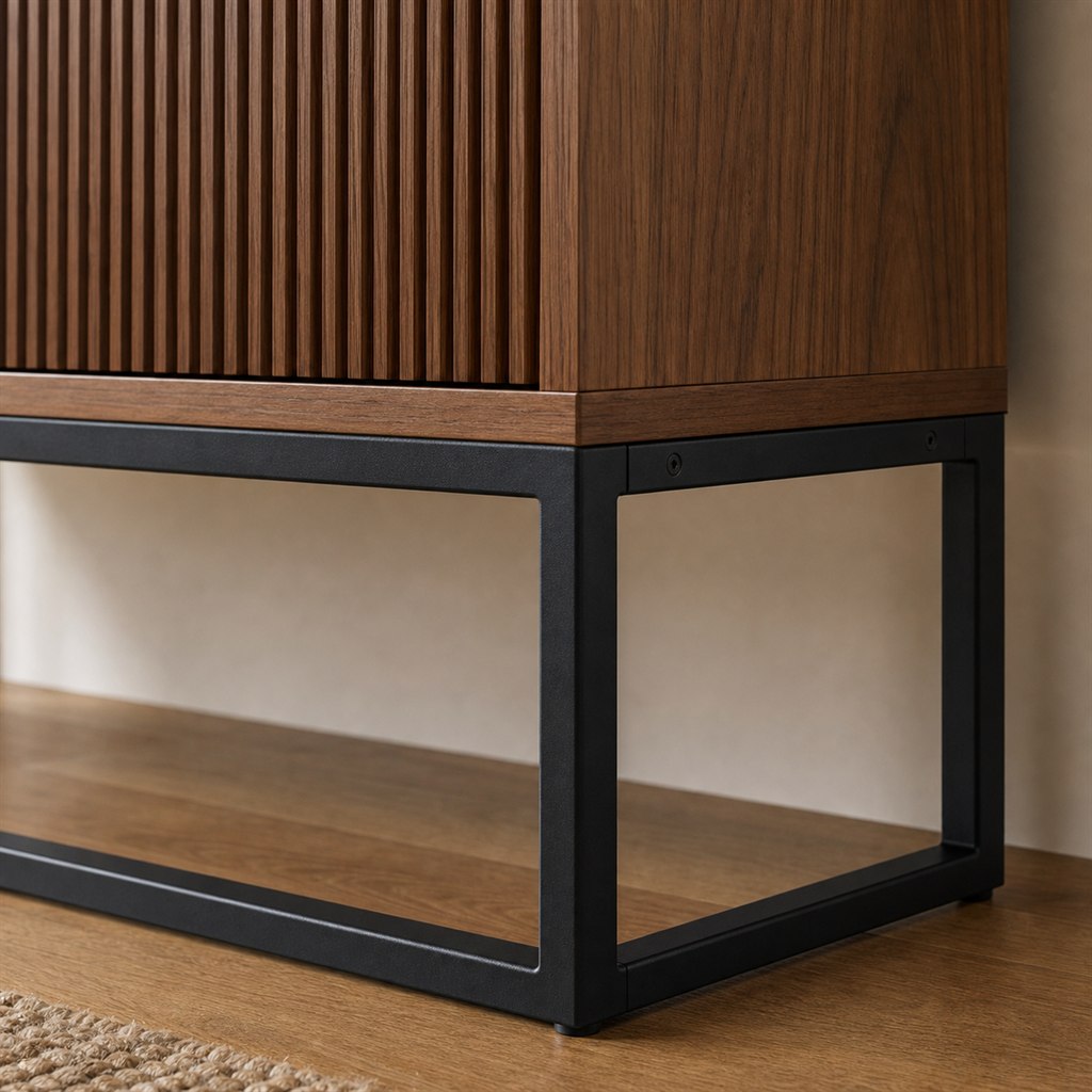 Sideboard With Fluted Wood Fronts and a Steel Sled Base - wood-to-steel interface detail