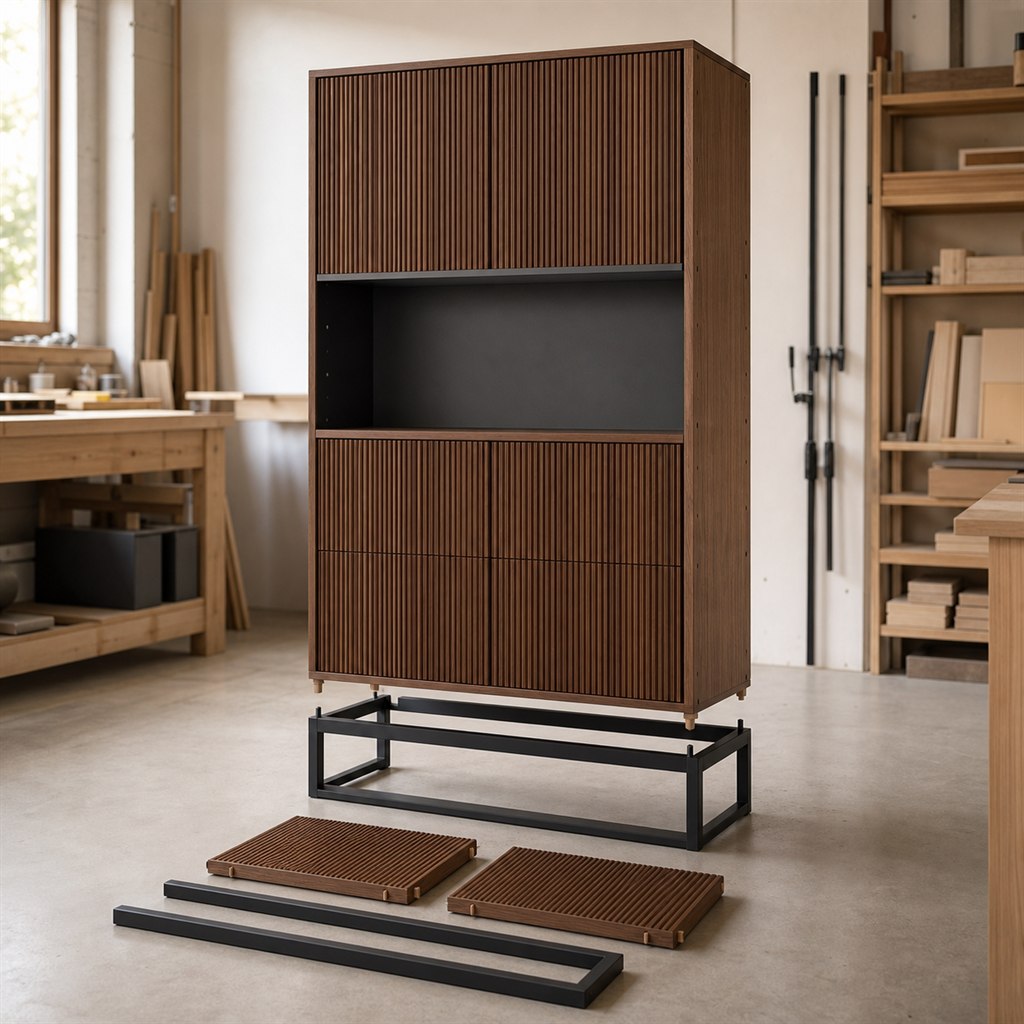 Sideboard With Fluted Wood Fronts and a Steel Sled Base - workshop dry-assembly view
