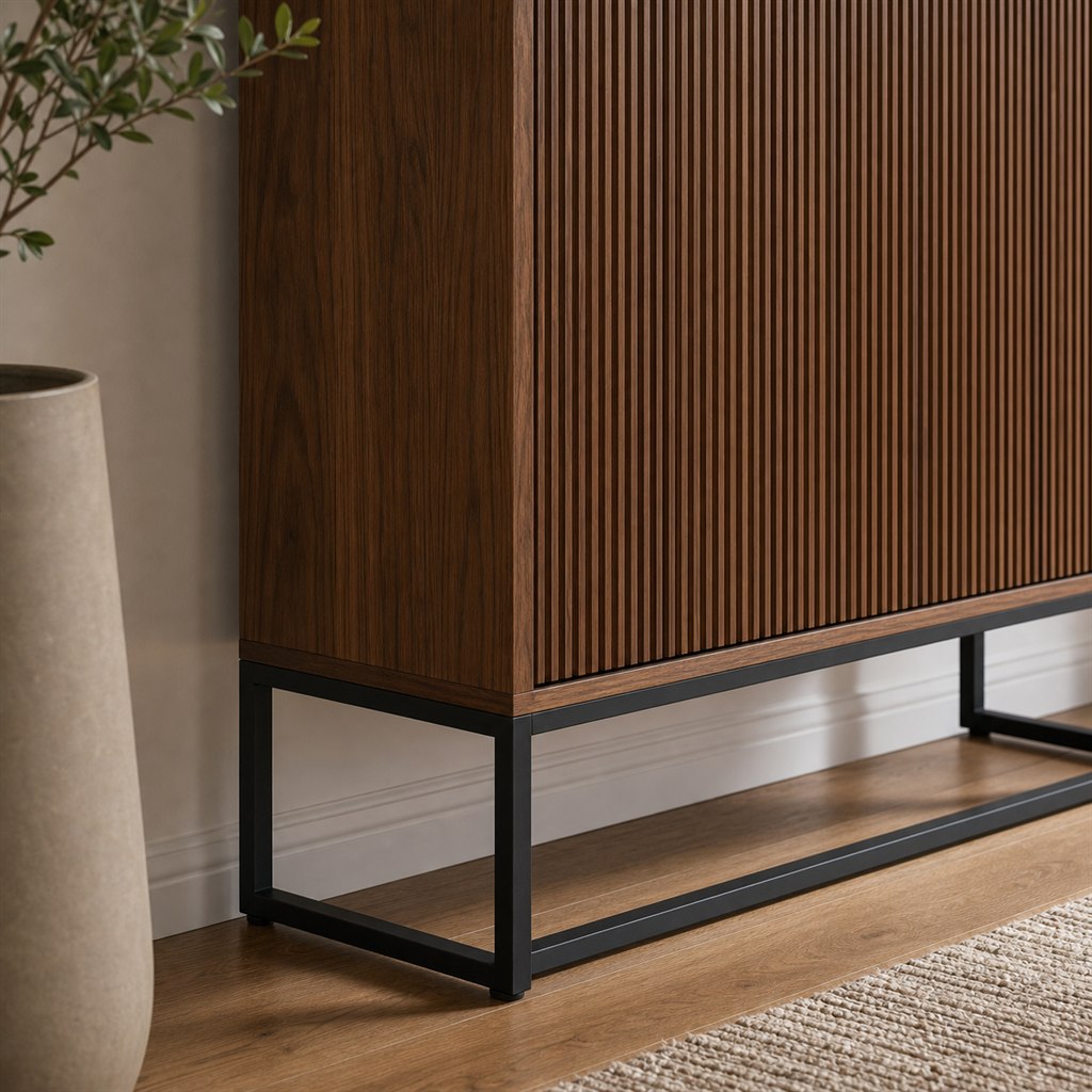 Sideboard With Fluted Wood Fronts and a Steel Sled Base - finished material detail