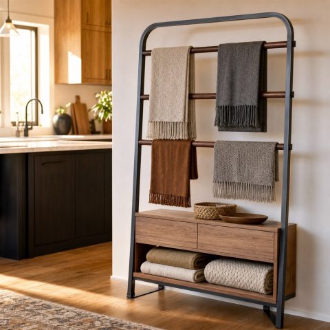 Blanket Rack With Walnut Rails and a Steel Arch Frame