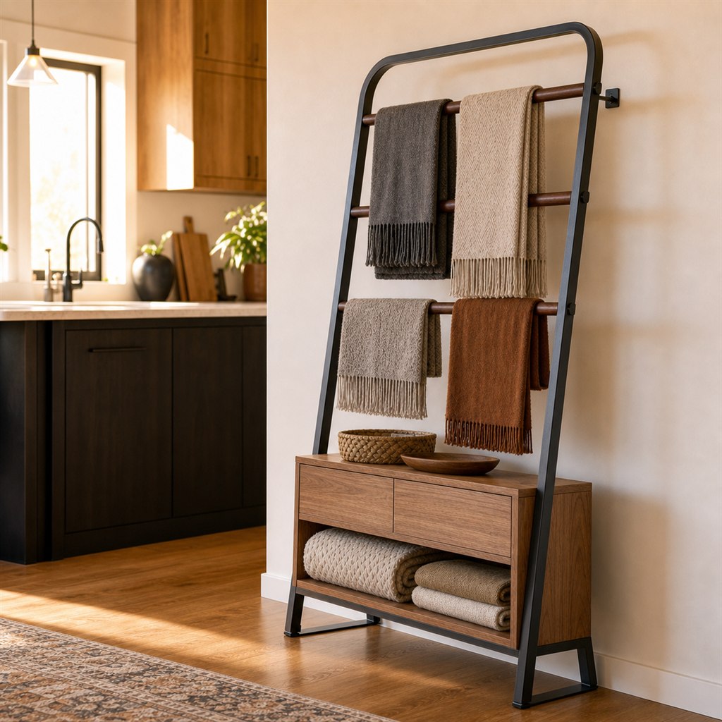 Blanket Rack With Walnut Rails and a Steel Arch Frame - alternate full view