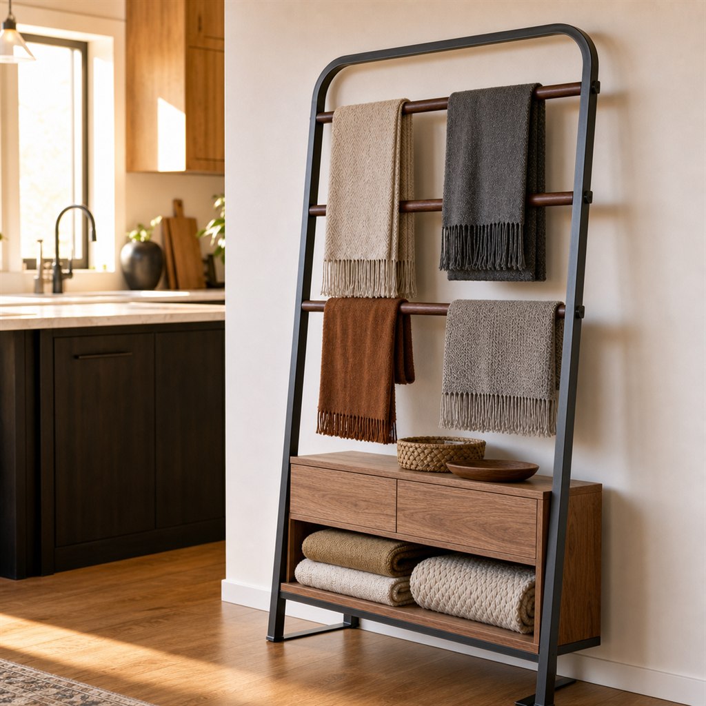 Blanket Rack With Walnut Rails and a Steel Arch Frame - steel-frame detail