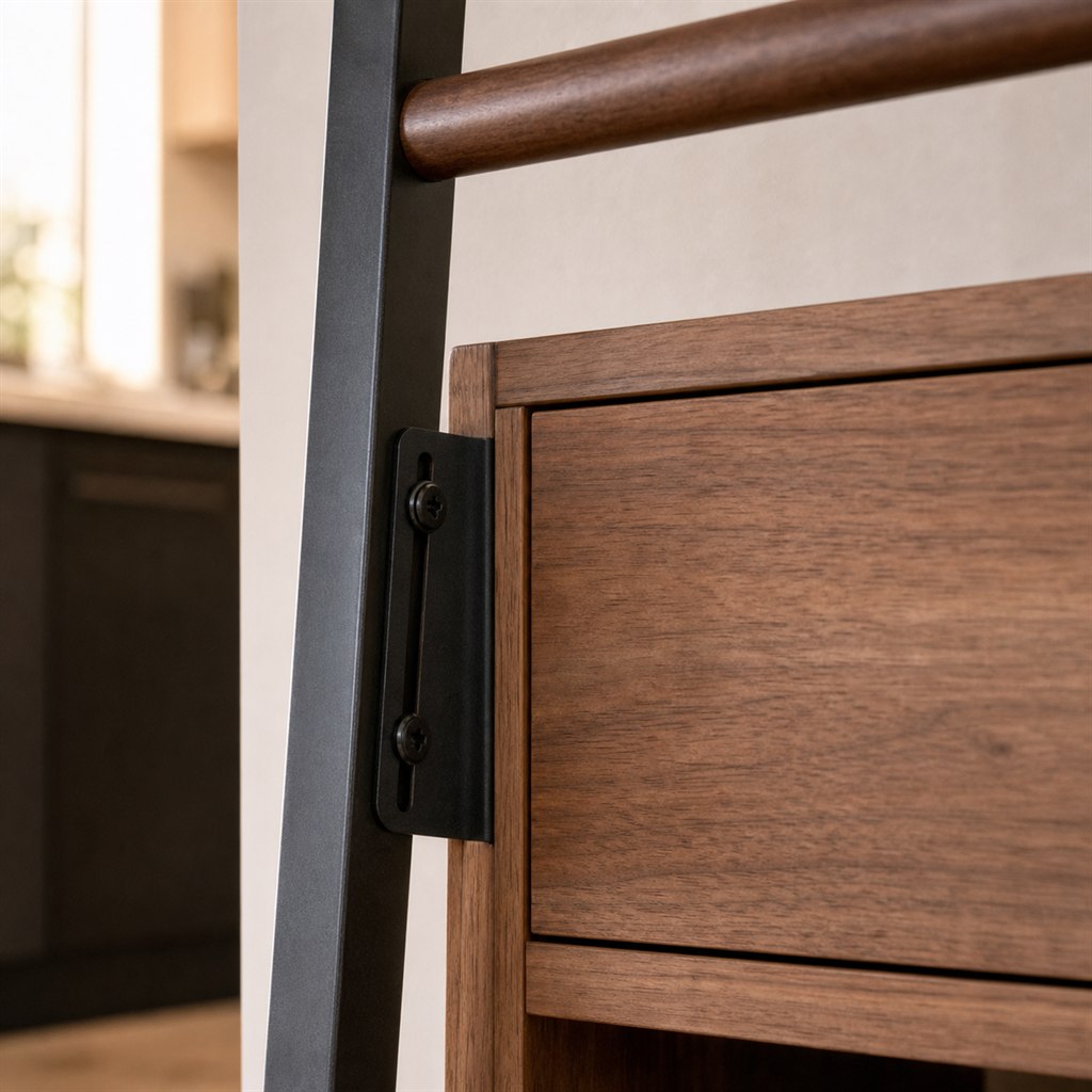 Blanket Rack With Walnut Rails and a Steel Arch Frame - wood-to-steel interface detail