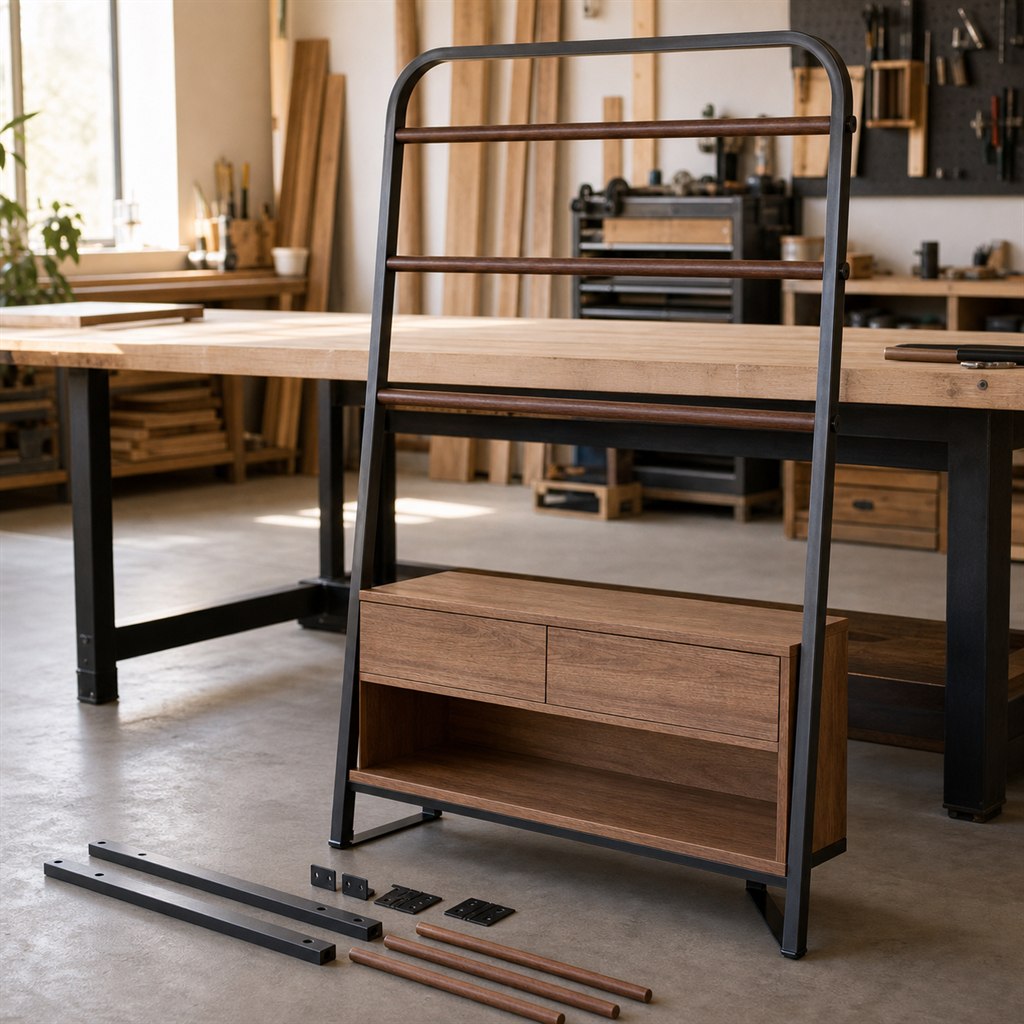 Blanket Rack With Walnut Rails and a Steel Arch Frame - workshop dry-assembly view