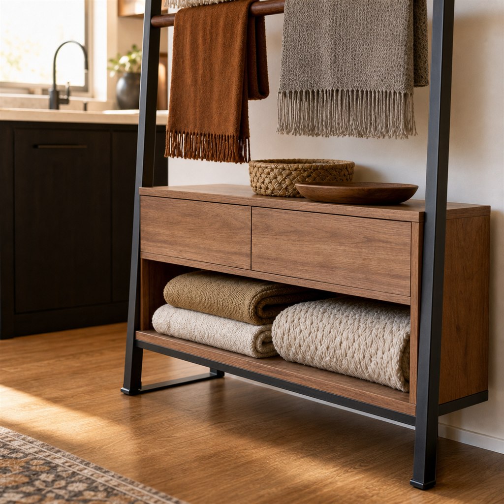 Blanket Rack With Walnut Rails and a Steel Arch Frame - finished material detail