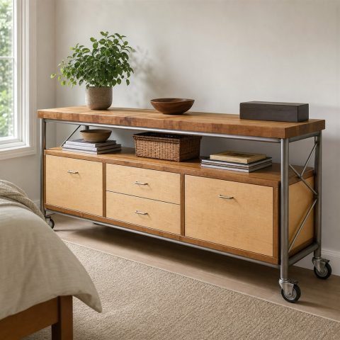 Mobile Kitchen Cart With a Butcher-Block Top and Steel Frame