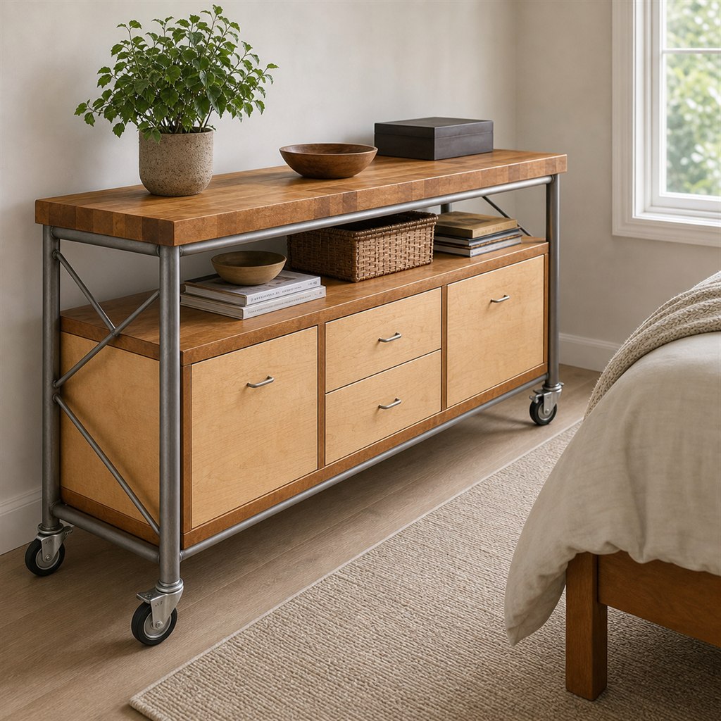 Mobile Kitchen Cart With a Butcher-Block Top and Steel Frame - alternate full view