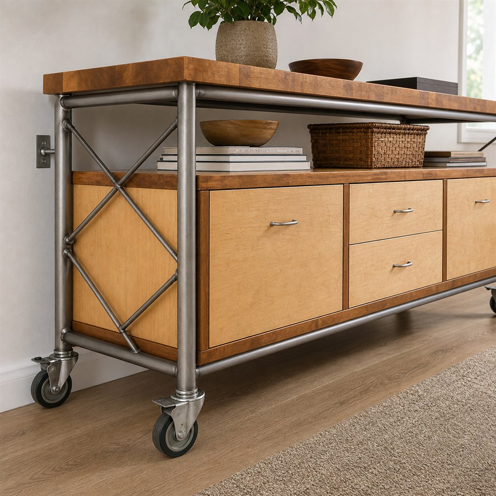 Mobile Kitchen Cart With a Butcher-Block Top and Steel Frame - steel-frame detail